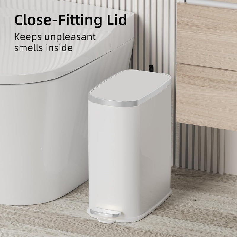 KUK Slim Bathroom Trash Can with Lid Soft Close, Step Pedal, 2.6 Gal/ 10L Stainless Steel Garbage Can with Removable Inner Bucket, Anti-Fingerprint Wastebasket for Office, Bedroom, Toilet (White) - Image 2